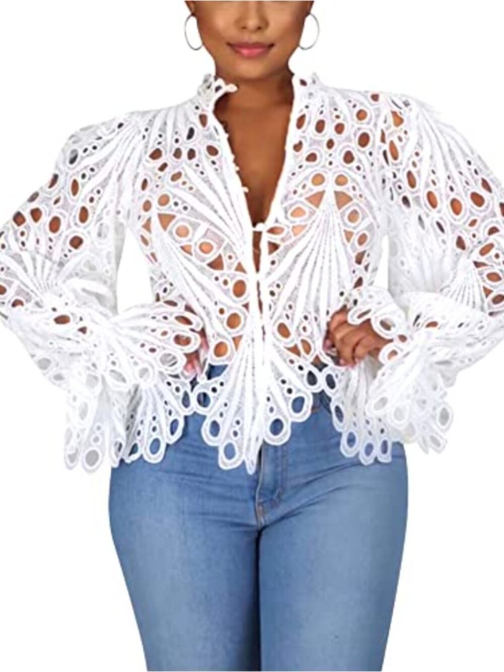 Lace Top Puff Flare Long Sleeve Button Down Blouse
